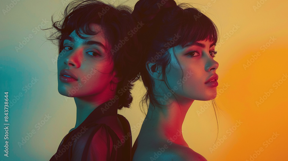 Fototapeta premium back to back experimental studio photography of two diverse young women, latina and caucasian, yellow background, playful lights, alternative aesthetic fashion beauty photography