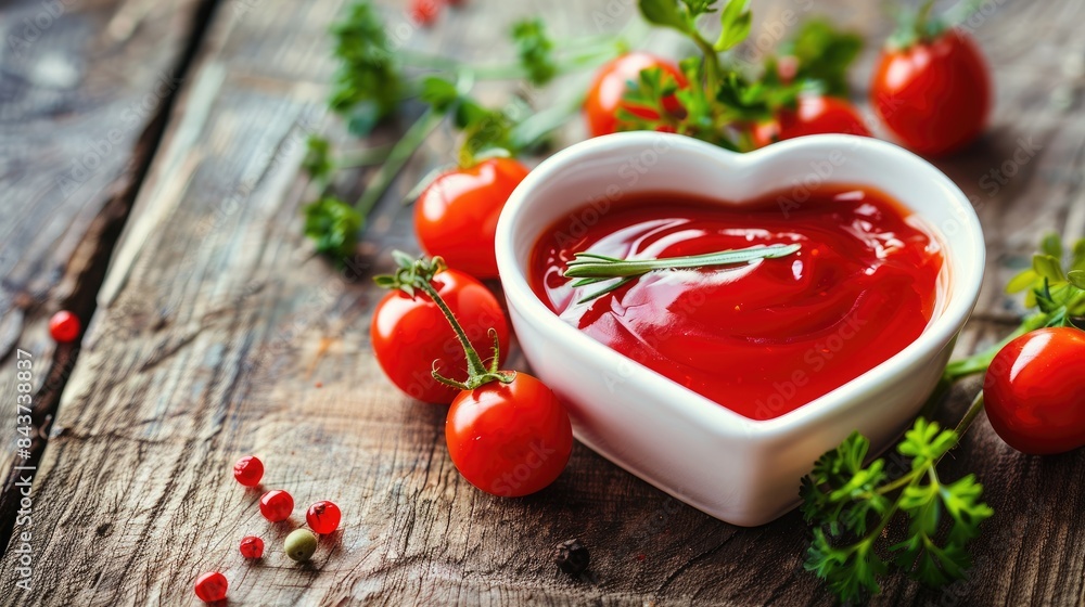 White heart-shaped cup filled with bright red ketchup, on a wooden table, complemented by fresh herbs and a few cherry tomatoes for a lovely composition. White heart-shaped cup filled with bright red ketchup, on a wooden table, complemented by fresh herbs and a few cherry tomatoes for a lovely composition.