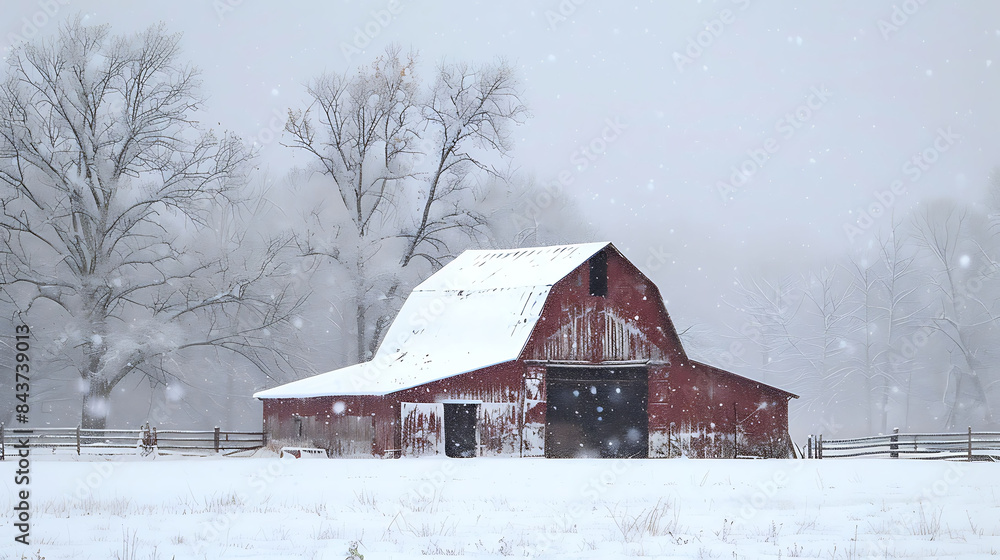 Snow-covered barns stand in the field