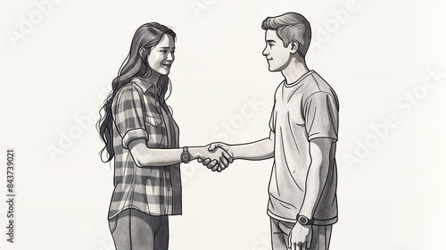 two young adults shaking hands with a friendly and positive demeanor. The male has a beard and is wearing a short-sleeved shirt, while the female has long hair and is wearing a plaid shirt. They are b