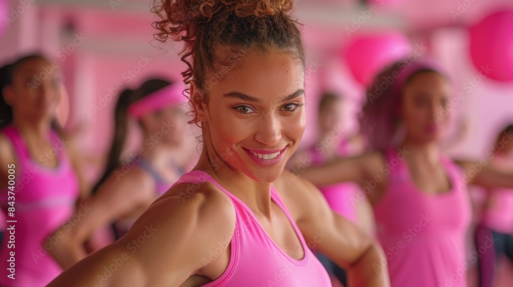 A woman smiles at the camera while participating in a fitness class. Breast cancer awareness Day