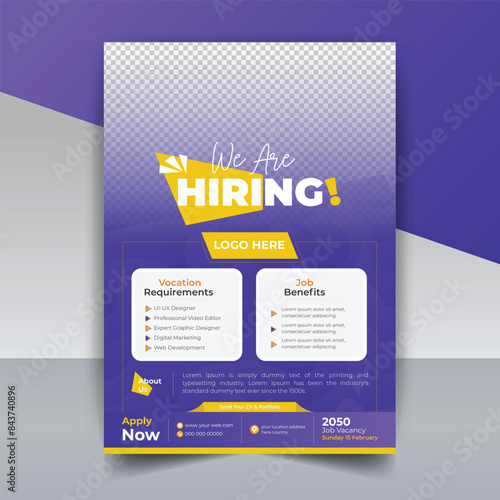 We are hiring  job vacancy Flyer design. Hiring employee join for corporate poster or leaflet, editable printing vector layout a4 size, modern flier template