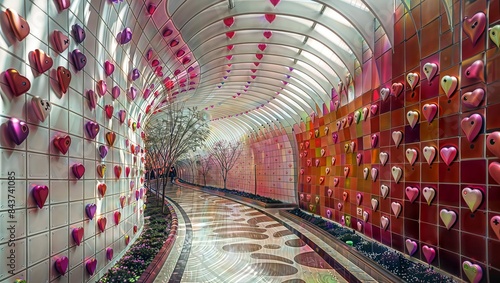 Whimsical heart tunnel with reflective surfaces, lined by trees and flowers, perfect for romantic strolls and Valentine’s Day photo ops.