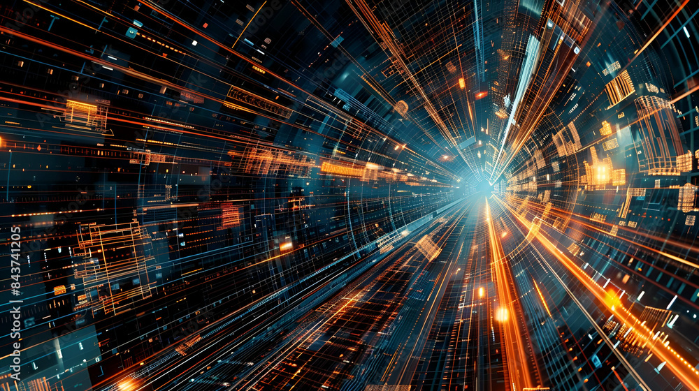 A computer generated image of a light tunnel emanating from the center A computer generated image of a light tunnel emanating from the center