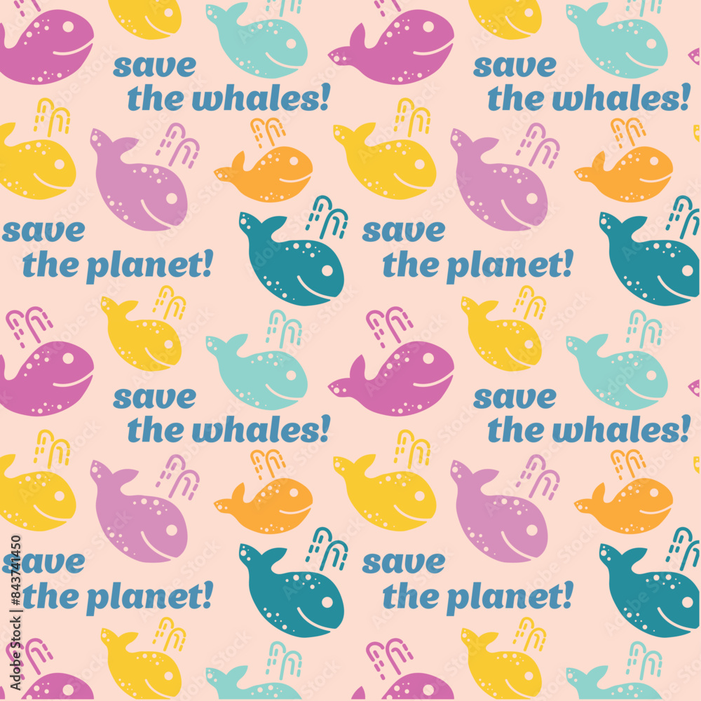 Multi-colored funny whales with the inscriptions save the planet and save the whales. Marine vector seamless pattern with whales and lettering. Multi-colored funny whales with the inscriptions save the planet and save the whales. Marine vector seamless pattern with whales and lettering.