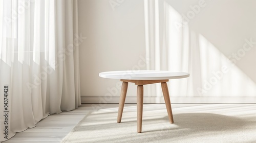 White round coffee table in a sunlit room with white curtains.
