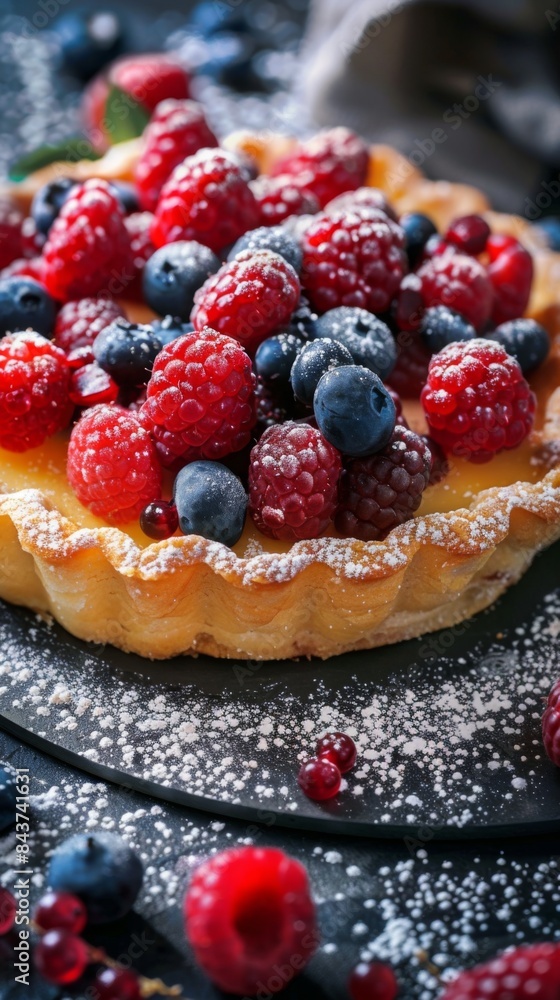 Pastry with berries on top of it on a plate, sugar dessert Pastry with berries on top of it on a plate, sugar dessert