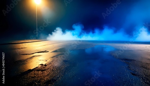 Wet asphalt, the reflection of neon lights, a searchlight, smoke. Abstract neon modern light in a dark empty street with smoke, and smog. Ai generate