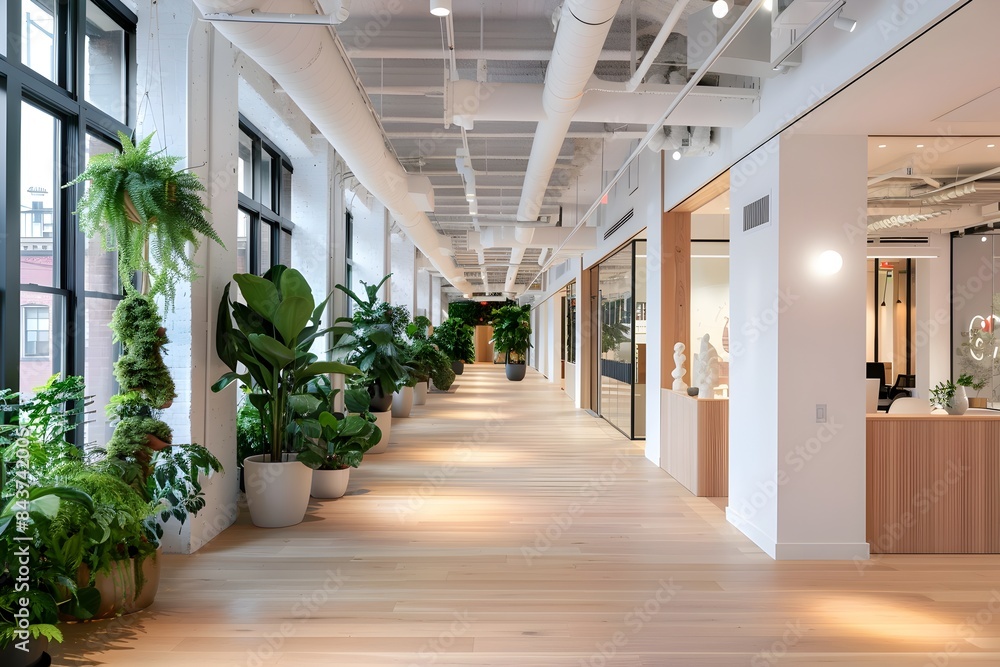 an office interior with white ceiling, light wood floor and plants in the corner of one wall an office interior with white ceiling, light wood floor and plants in the corner of one wall