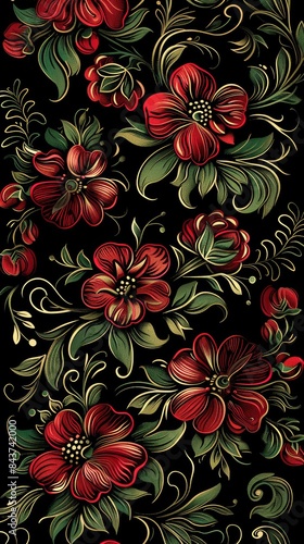 Illustrated Red Floral Pattern With Green Leaves on Black Background