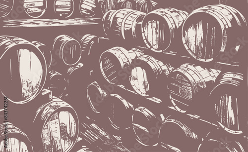 Cellar with oak wood barrels, vector illustration