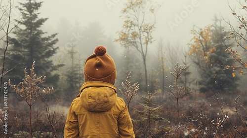 Generate an image portraying the solitude of a child standing alone in the wilderness