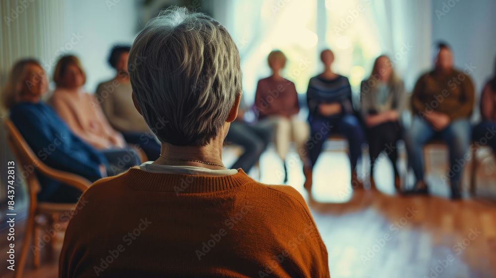 Back view of senior woman at group therapy meeting, with friends and family having discussion in a circle. Concept banner for an alcoholism support group or brain health education workshop.