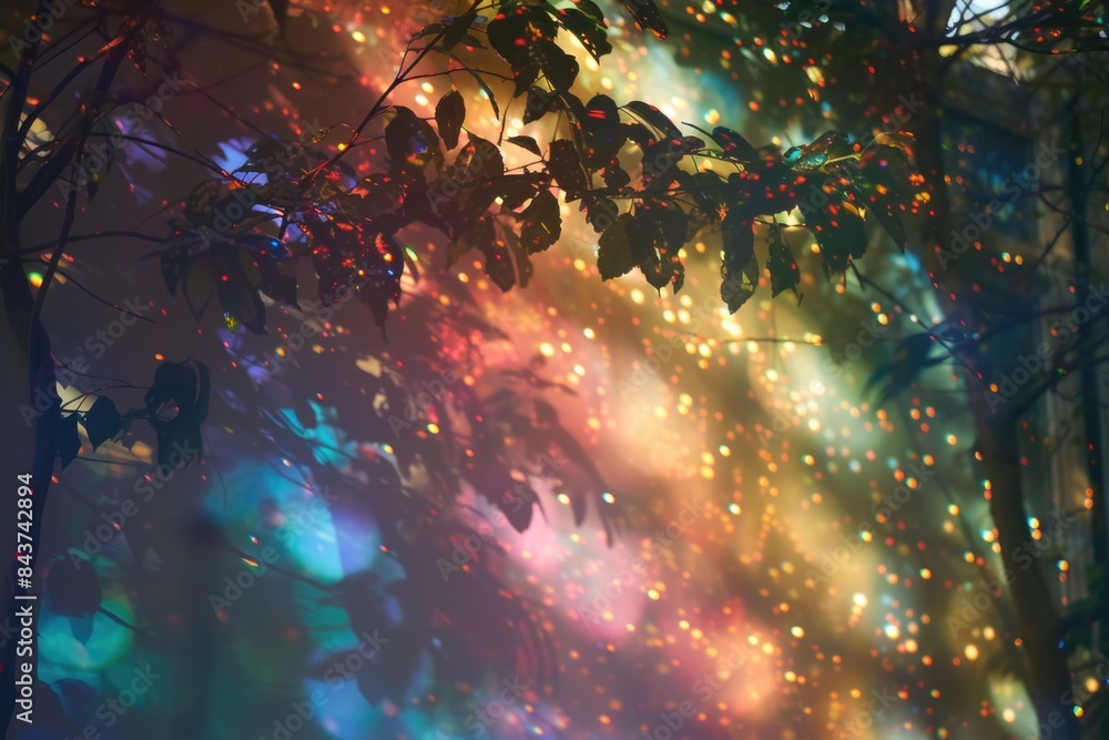 Obraz premium Brightly colored lights shine brightly through the branches of a tree