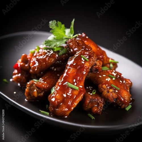 a plate of fried chicken wings drizzled in teriyaki sauce, sprinkled with sesame seed and garnished with chopped spring onions