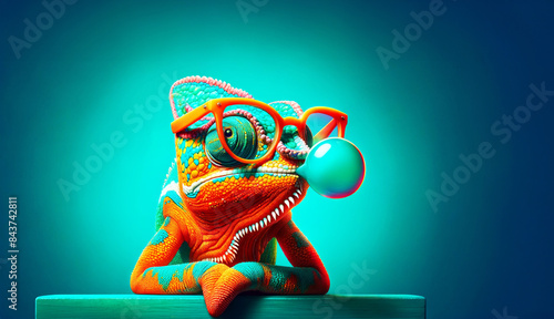 Colorful Chameleon with Orange Glasses Blowing Bubblegum