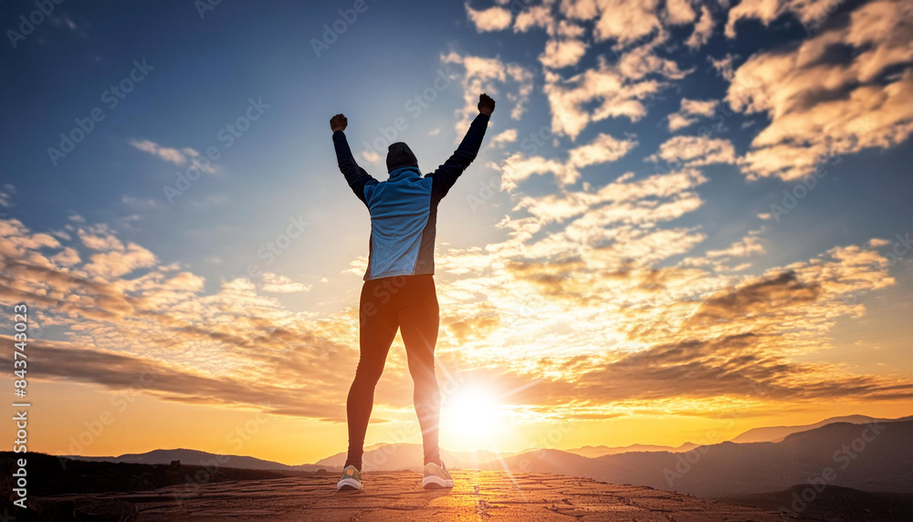 Rear view of a male athlete with hands raised towards the sky celebrates his success at sunset or sunrise, backlit with copy space. Victory pose, power and determination concept. Generative Ai. Rear view of a male athlete with hands raised towards the sky celebrates his success at sunset or sunrise, backlit with copy space. Victory pose, power and determination concept. Generative Ai.