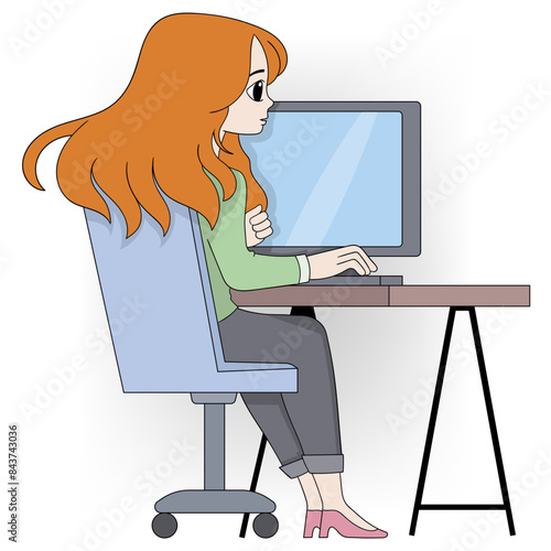 female worker in the office working on a computer given a task by the boss