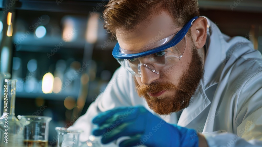 A young bearded white man in a lab with safety goggles and blue gloves evaluating a specimen A young bearded white man in a lab with safety goggles and blue gloves evaluating a specimen