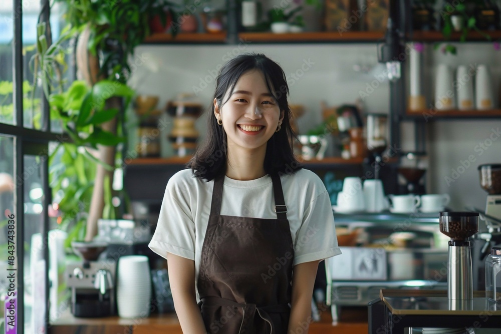 Happy Asian woman barista in apron, standing in her successful cafe, SME entrepreneur Happy Asian woman barista in apron, standing in her successful cafe, SME entrepreneur