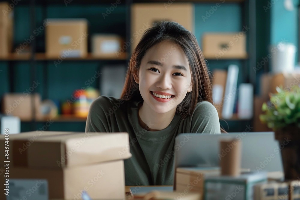 Smiling Asian woman working on e-commerce and packaging at her office, SME freelance business concept Smiling Asian woman working on e-commerce and packaging at her office, SME freelance business concept