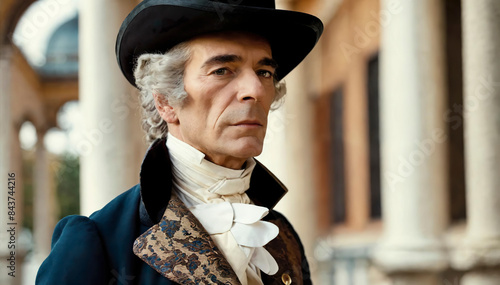 aristocratic man wear luxury three piece suit, top hat in style 18th, 19th nineteenth century. male wearing white gloves holding cane. Fashion portrait of old male  on  palce background. Elegant man