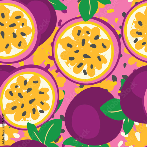Hand drawn vector seamless pattern passion fruit. Print design for fashionable textile. Fruit trendy summer fabric.