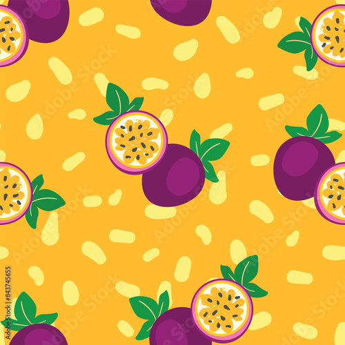 Hand drawn vector seamless pattern passion fruit. Print design for fashionable textile. Fruit trendy summer fabric.