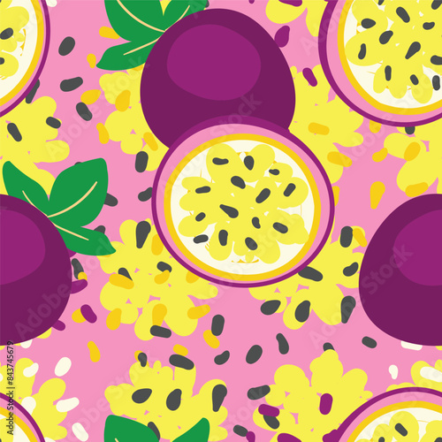 Hand drawn vector seamless pattern passion fruit. Print design for fashionable textile. Fruit trendy summer fabric.