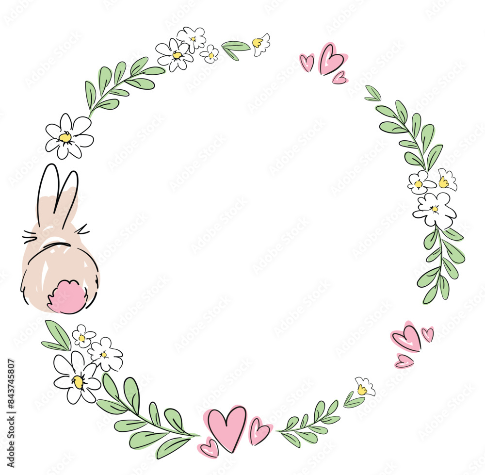 Hand Drawn Frame with bunny and flowers, vector design templates. Cute rabbit frame Hand Drawn Frame with bunny and flowers, vector design templates. Cute rabbit frame