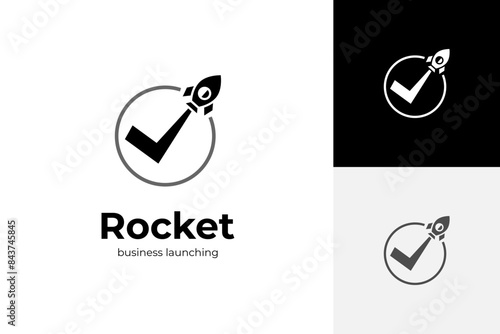 rocket launch logo icon design with tick or check circle flight round area design concept for astronomy, travel, business start up growing logo design