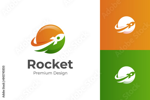 rocket launch logo icon design with globe or circle flight round area design concept for astronomy, travel, business start up growing logo design