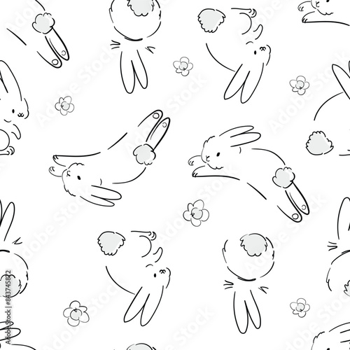 Hand Drawn Cute rabbits vector illustration, little bunnys seamless pattern
