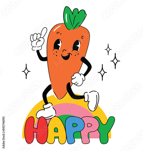 Trend Print Carrot Vector. Abstract cartoon Comic carrot facial expression arms and legs, rubber hose style art illustration