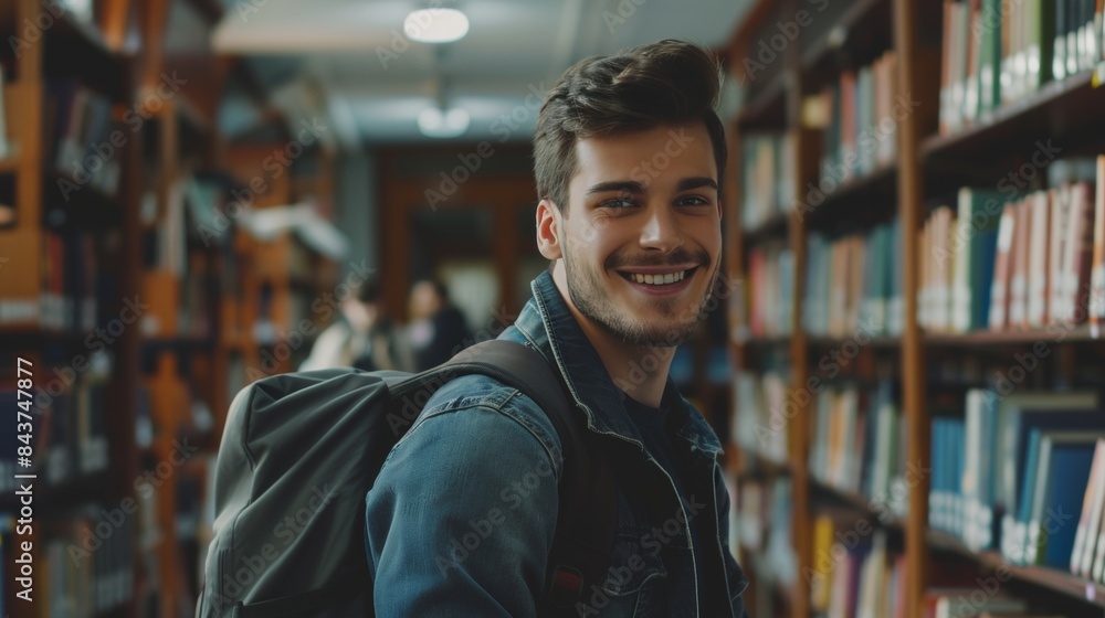 Handsome Smile student man with backpack and books in library, education, university, cheerful, college, happy, standing, school, backpack, attractive, enjoyment, confidence Handsome Smile student man with backpack and books in library, education, university, cheerful, college, happy, standing, school, backpack, attractive, enjoyment, confidence