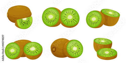 Ripe kiwi fruit and half kiwi fruit isolated on white background. Vector eps 10., perfect for wallpaper or design elements	