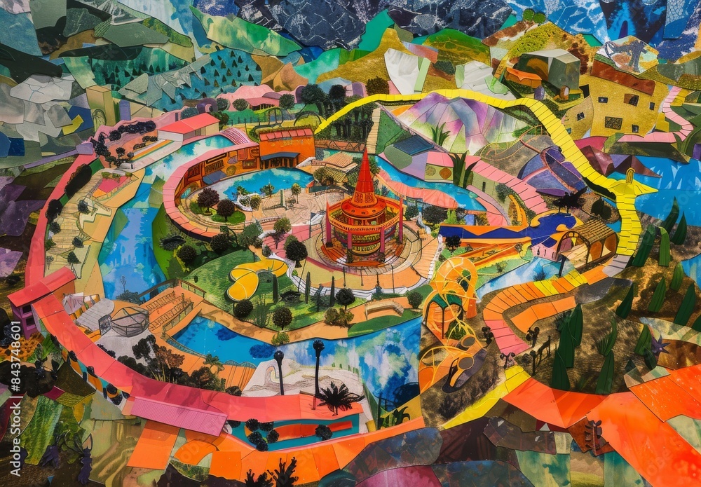 Obraz premium Artistic paper collage showing a top-down view of an adventure park.
