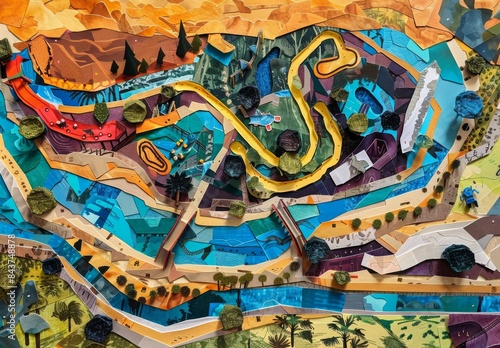 Artistic paper collage showing a top-down view of an adventure park.