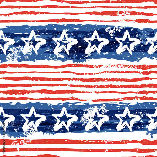 USA flag watercolor painted seamless pattern. Vector hand drawn illustration. American national holiday background. Fashion textile print, wrapping paper, trendy fabric design