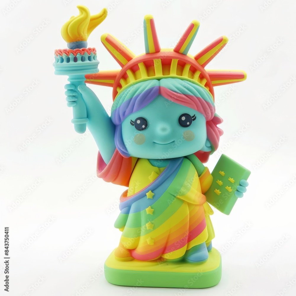 Fototapeta premium Charming kawaii Statue of Liberty toy character from the Pop Mart Cry Baby series, adorned with rainbow colors, celebrating LGBTQ pride