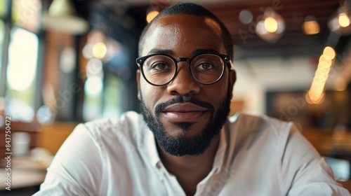 Portrait of content African American male professional in a workplace gazing at the camera Blank area available for text