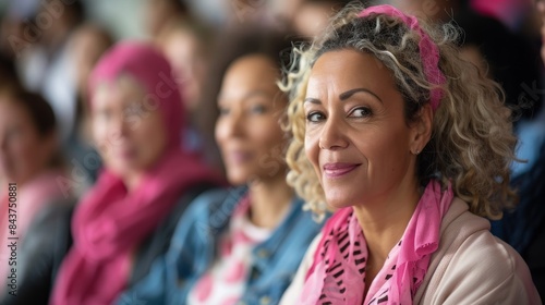 A woman smiles brightly while surrounded by others wearing pink. Breast cancer awareness Day