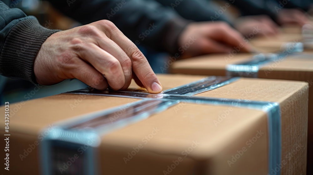 Close-up image of a person's hand with a sealing tool taping cardboard boxes for shipping Close-up image of a person's hand with a sealing tool taping cardboard boxes for shipping