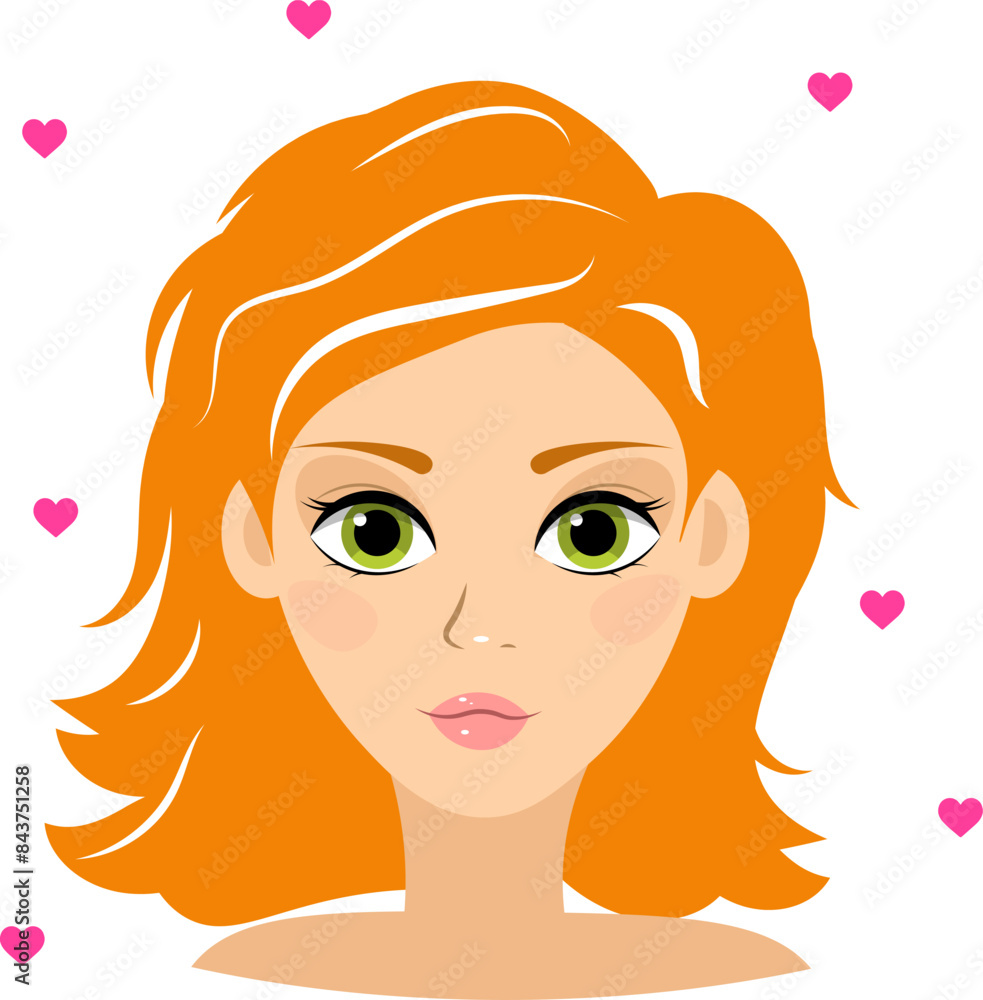 Cute red-haired girl and red hearts on a white background. Front view. Colorful portrait. Cute red-haired girl and red hearts on a white background. Front view. Colorful portrait.