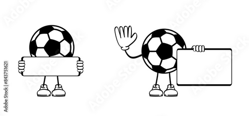 Cartoon soccer ball mascot and megaphone. Goal net. Soccer border and horn or  loudspeaker. Microphone and  stadium, supporters. wk, ek sport finale, sports game. Street ball. Playground 2024, 2027.
