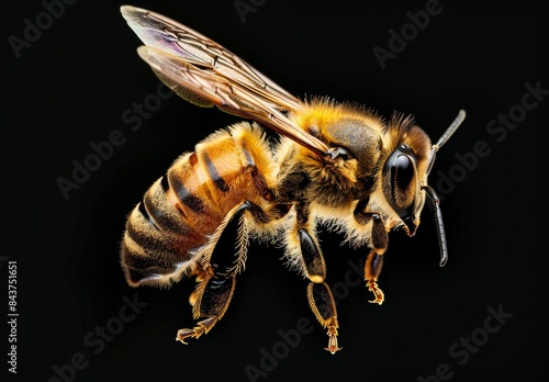 A macro photo of an Apis mellifera entomology specimen, wings, legs, and antennae spread, isolated against a black background under studio lighting. © Nicat