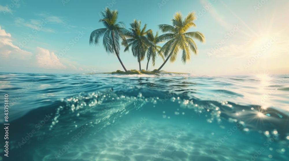 Small island with palm tree in sea.