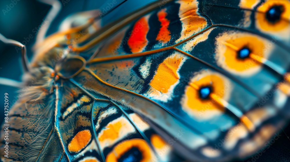 Close-up of a vibrant butterfly wing showcasing intricate patterns and vibrant colors, including orange spots and black stripes, against a blue background Close-up of a vibrant butterfly wing showcasing intricate patterns and vibrant colors, including orange spots and black stripes, against a blue background