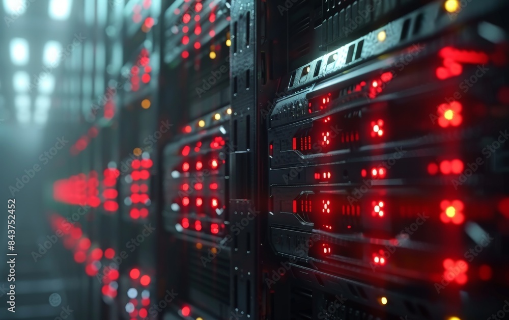 A close-up of a server rack with red lights glowing. The rack is in a data center, and the lights indicate that the servers are active.
