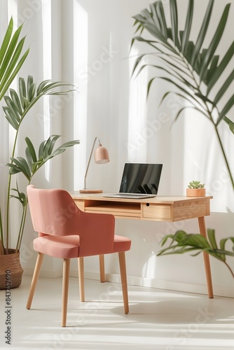 A sleek wooden desk with a minimalist design, set against an empty white wall, adorned in the style of modern lighting and fresh green plants © Safdar